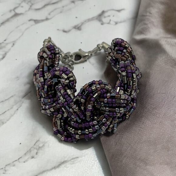 Braided Seed Bead Bracelet in Purple & Silver | Twisted Statement Beaded Jewelry - Picture 1 of 6